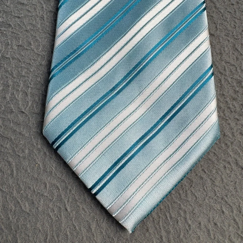 Stafford Essentials Mens Blue Teal White Diagonal Striped Polyester Necktie